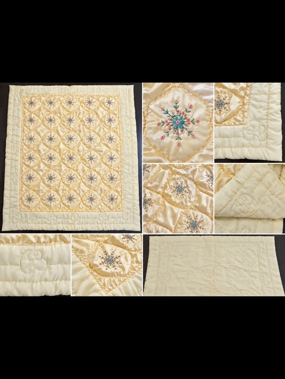 Vintage Satin Quilt 64x80, Pale Yellow Floral Embroidered Bedspread, 1950s Full
